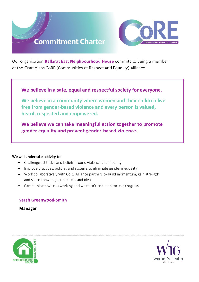 CoRE Commitment Charter Ballarat East Neighbourhood House September 2021